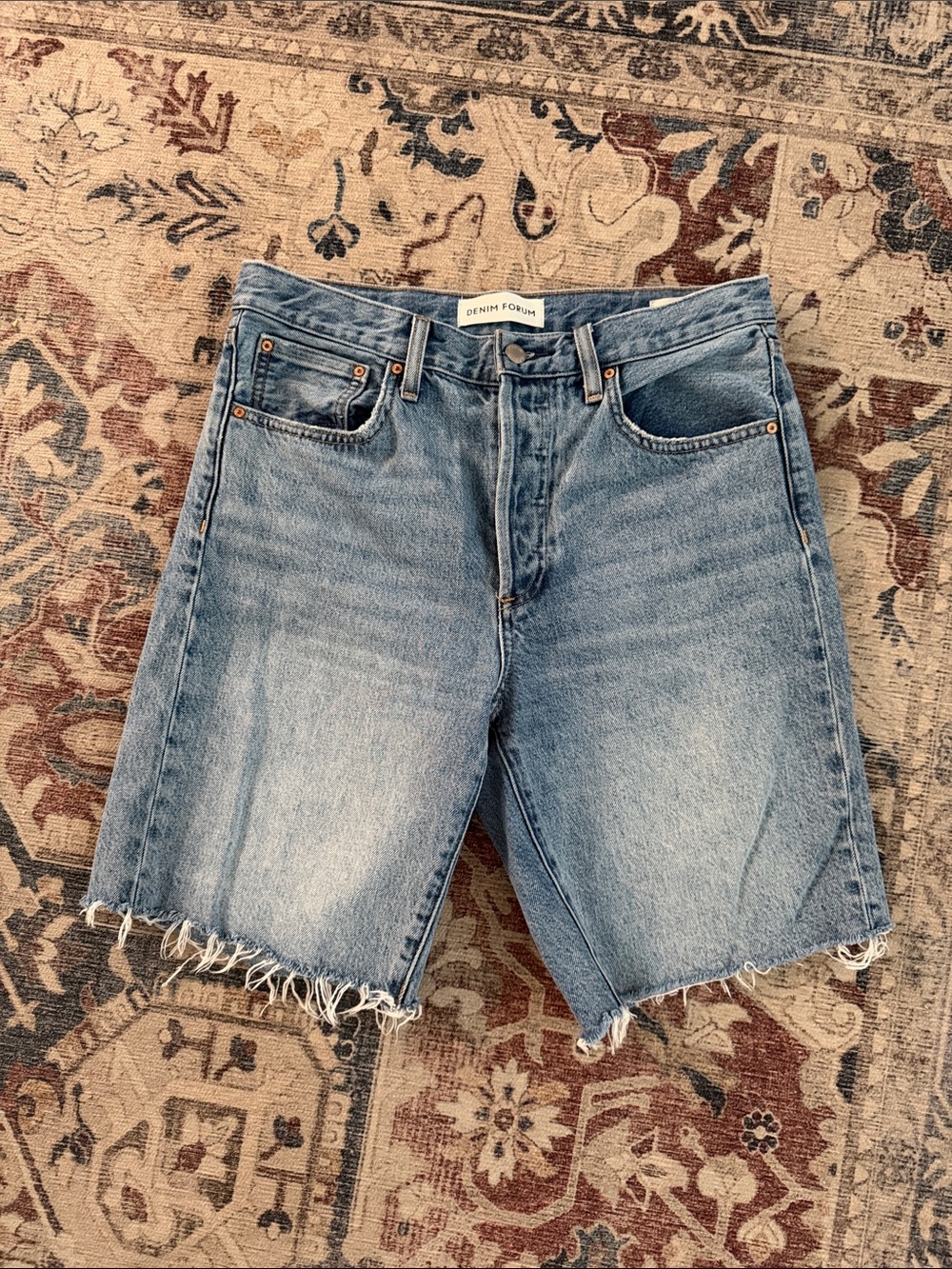 ARITZIA Denim Forum Light Blue Raw Hem Long Denim Shorts